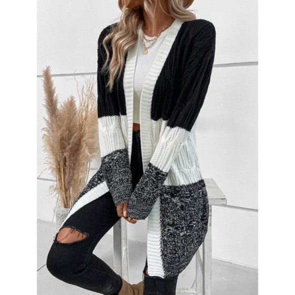 SOLD OUT Marled Black White Colorblock Cable Knit Open Duster Cardigan Sweater - Picture 3 of 4